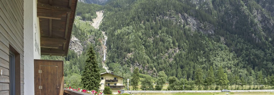 A balcony overlooking majestic mountains and lush greenery. In the foreground, colorful plants are blooming, and a serene valley stretches beneath. - Biancas Ferienwohnung im Haus Roswitha - Umhausen