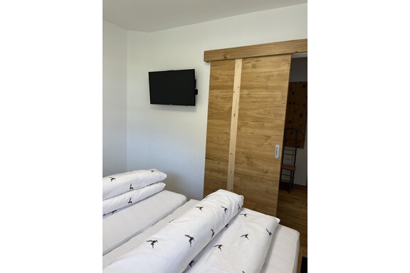 Ein einfaches Schlafzimmer mit zwei Betten und einer weißen Bettwäsche. An der Wand hängt ein Fernseher, und eine Holzschiebetür ist sichtbar. - BLANKA'S Apart Auszeit - Umhausen