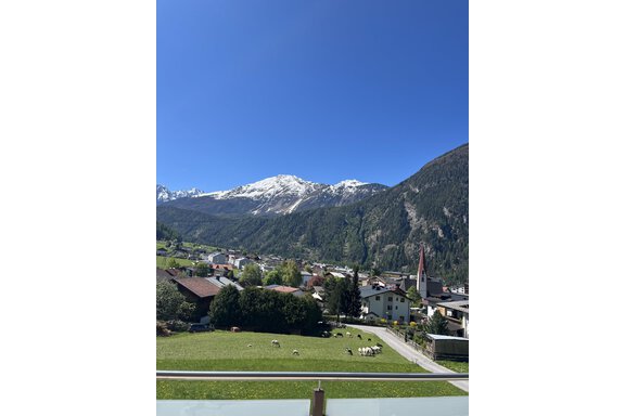 Eine malerische Berglandschaft mit schneebedeckten Gipfeln und einem klaren blauen Himmel. Im Vordergrund sind Wiesen und Bauernhäuser zu sehen, sowie einige Kühe auf der Weide. - BLANKA'S Apart Auszeit - Umhausen