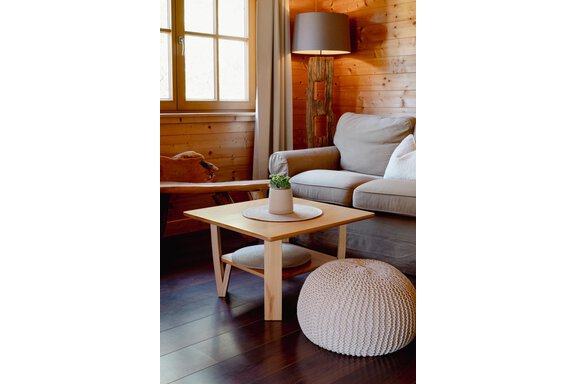 A cozy living room with wood paneling and a comfortable sofa. A table with a small plant and a round pouf complete the relaxed atmosphere. - Chalet Carla - Umhausen