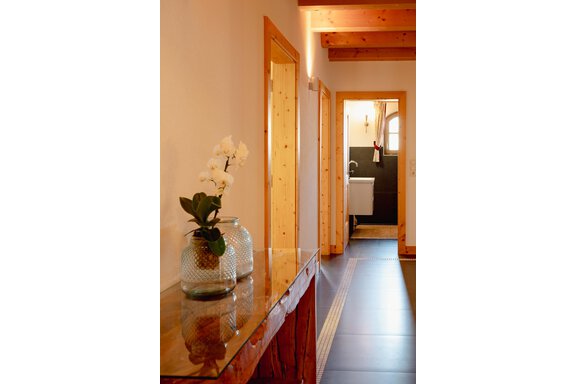 A bright hallway with wooden doors and modern tiles. On a console table, there is a plant and decorative glasses. - Chalet Carla - Umhausen