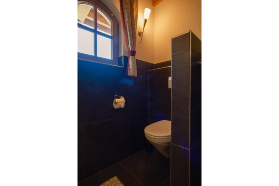 A modern bathroom with a toilet and black tiled floor. There is a window and a lamp on the wall. - Chalet Carla - Umhausen