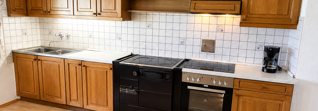 A modern kitchen with wooden cabinets and white tiles. It includes a stove, a dishwasher, and a coffee maker. - Ferienhaus am Spielroan - Umhausen
