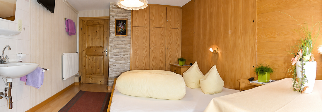 A cozy room with wooden walls and a comfortable bed.   
On the table there is a plant and there is a television on the wall. - Ferienhaus am Spielroan - Umhausen