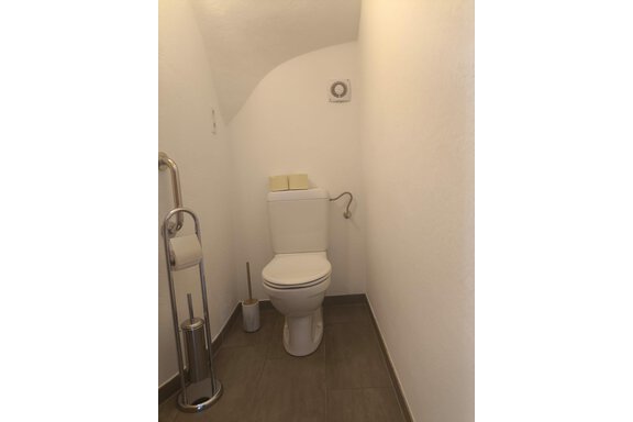 A small bathroom with a white toilet and a modern toilet paper holder. The walls are plain and bright, the floor is designed with gray tiles. - Ferienwohnung Martha - Umhausen