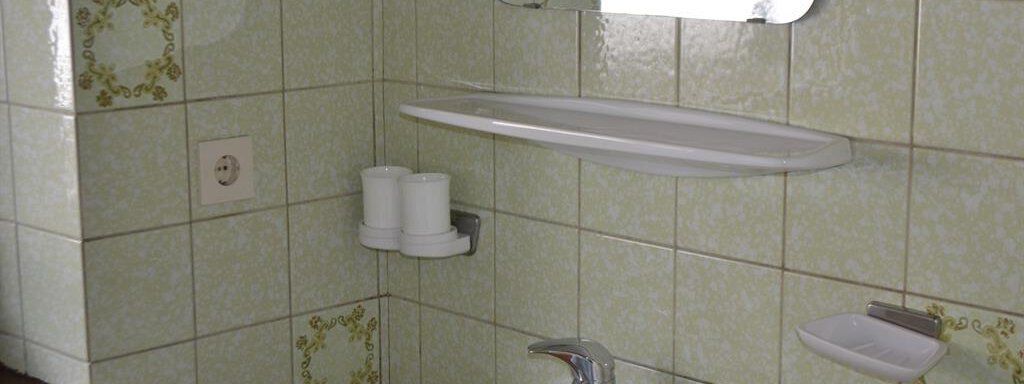 A simple bathroom with a white sink and green tile design. Shelves and a mirror mount can be seen on the wall. - Appt. Garni Anny - Vent