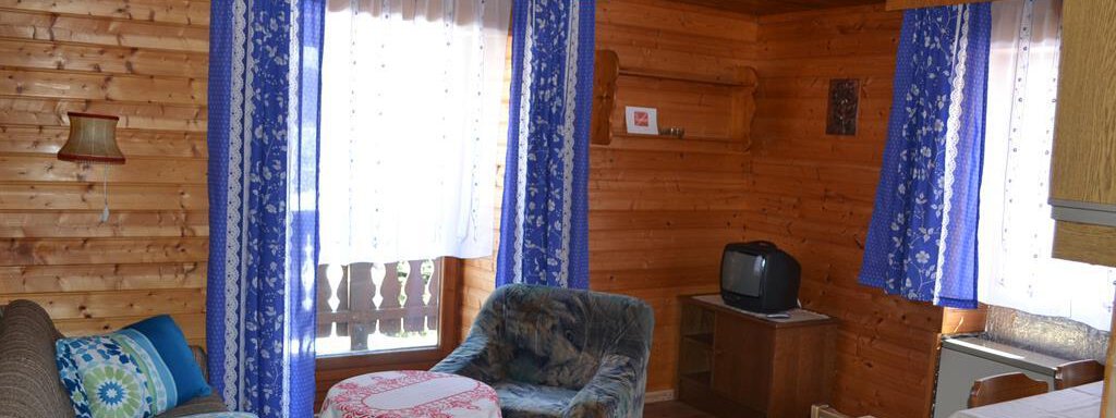 A cozy room with wooden walls and a couch. The room is well-lit with windows and blue curtains. - Appt. Garni Anny - Vent