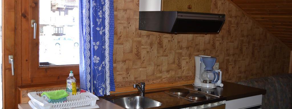 A cozy kitchen nook in a mountain cabin with wood paneling and a window. The kitchen is well-equipped with a sink, refrigerator, and coffee maker. - Appt. Garni Anny - Vent