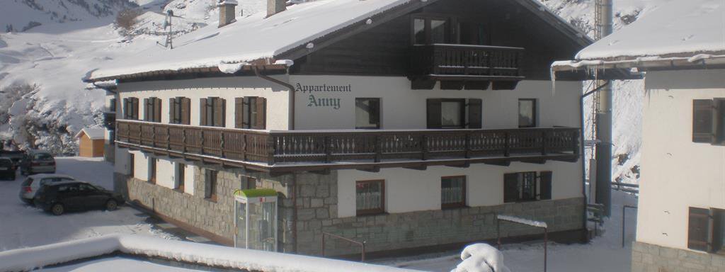 Haus Anny Winter 019 A charming apartment house in the mountains, surrounded by snow. The landscape provides a picturesque backdrop with mountains in the background. - Appt. Garni Anny - Vent