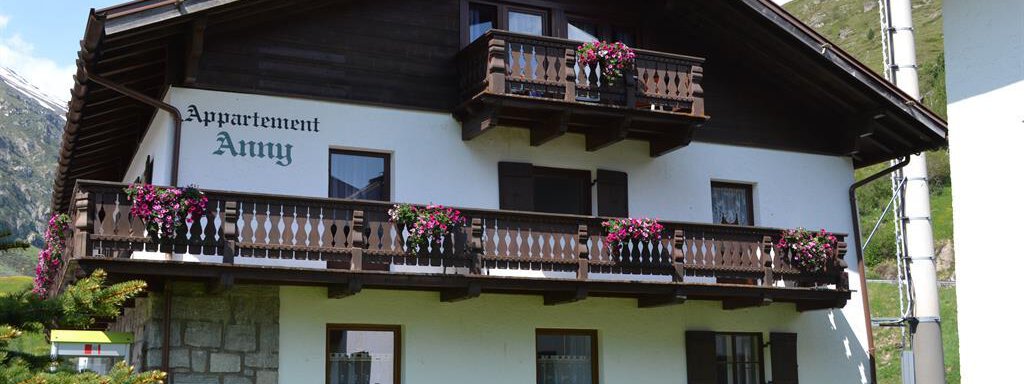 A charming alpine apartment building with wooden cladding and beautiful flower boxes. The facade is friendly and inviting, surrounded by green scenery. - Appt. Garni Anny - Vent