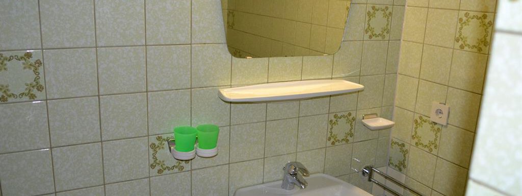 A small bathroom with light green tiles and a sink. The mirror and the shelf are detached from the wall. - Appt. Garni Anny - Vent