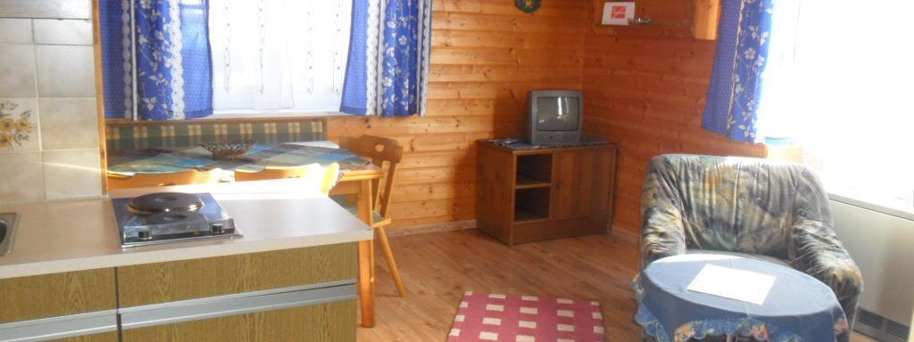 Wohnbeispiel A cozy room with a kitchenette, a dining table, and a sitting area. The walls are made of wood, and the windows have light curtains. - Appt. Garni Anny - Vent