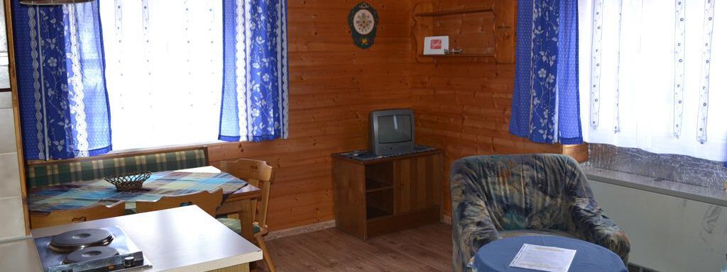A cozy living space with wooden walls and large windows. The room contains a table, a chair, a television, and a comfortable armchair. - Appt. Garni Anny - Vent