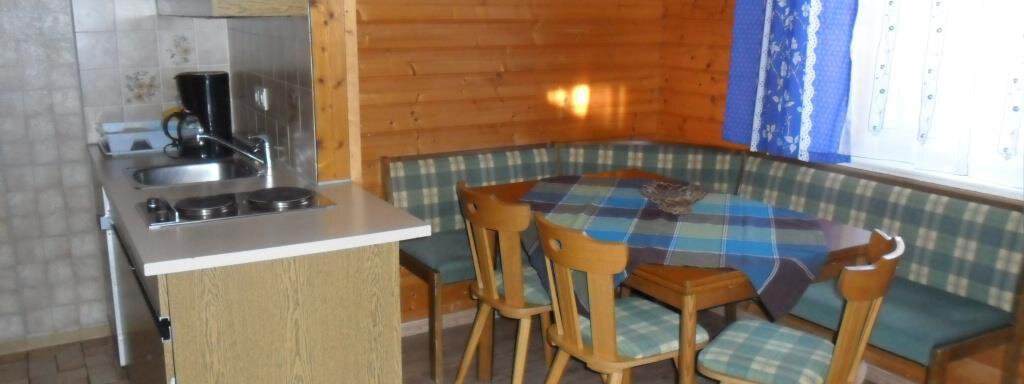 A cozy kitchen with wooden walls and a dining table. The table is covered with a checkered cloth, and there is a kitchen with a stove and sink. - Appt. Garni Anny - Vent
