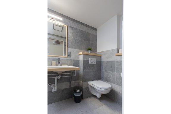A modern bathroom with gray tiles and a sink. There is a large mirror and a stylish toilet. - Garni Stefani - Vent