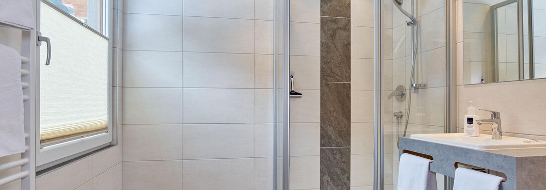 A modern bathroom with a glass shower cabin and an elegant sink. Bright tiles and spacious windows create a friendly atmosphere. - Hotel Vent - Vent