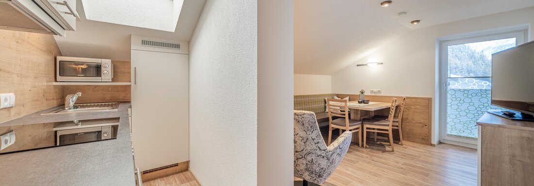 A modern, bright kitchen with an open living area. There is a dining table and a cozy seating area. - Garni Ötztal ROOMS & APARTS - Zwieselstein