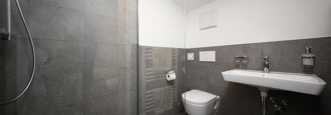 A modern bathroom with a shower, toilet, and sink. The walls are in an elegant gray tone. - Gästehaus Judith - Zwieselstein