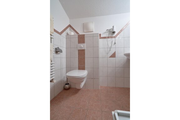 A modern bathroom with white tiles and a toilet area. There is bright lighting and practical sanitary facilities. - Gästehaus Judith - Zwieselstein
