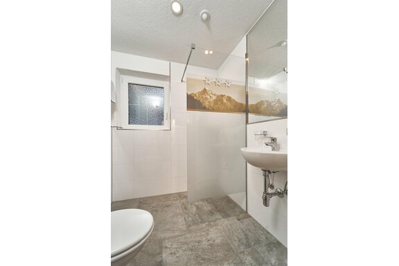 A modern bathroom with a large glass shower cubicle and white walls. The sink is elegant and there is a view of a window front. - Gästehaus Judith - Zwieselstein