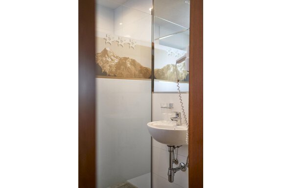A modern bathroom with a sink and a glass shower. Mountain motifs can be seen on the wall. - Gästehaus Judith - Zwieselstein