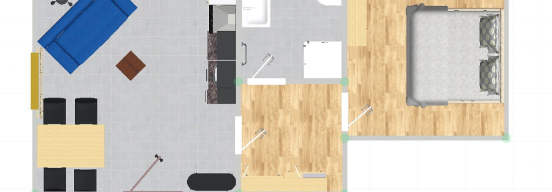 A topographic view of a modern floor plan. The space includes a living room with a sofa, dining area, and bedroom. - Haus Fortuna - Zwieselstein