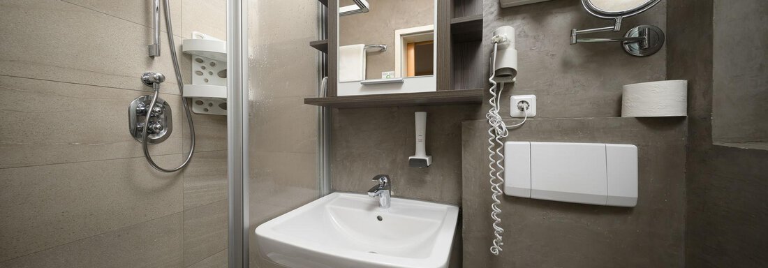 A modern bathroom with a shower and a sink. The walls are in neutral colors and there is a large mirror. - Haus Sonnschein - Zwieselstein
