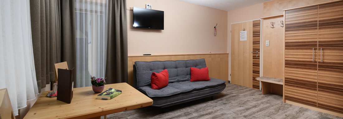 A cozy living space with a gray sofa and red cushions. A television hangs on the wall, and there is a small table as well as a wardrobe. - Haus Sonnschein - Zwieselstein