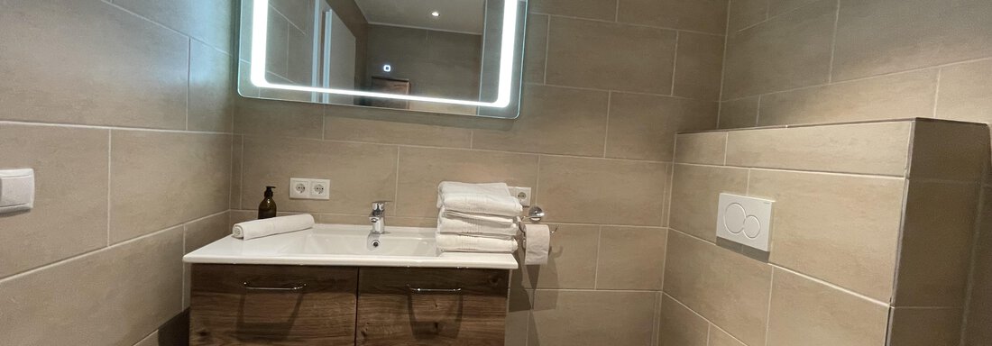 A modern bathroom with a wooden washbasin and a large mirror. The walls are painted in neutral tones, and the floor is tiled in dark colors. - International House Sölden - Zwieselstein