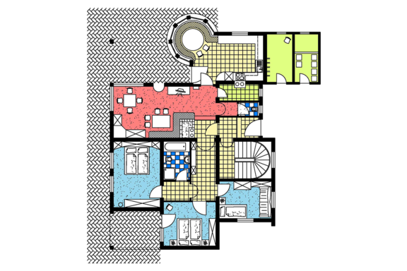 Wildrose_Grundriss An architectural drawing of a house with different rooms. The rooms are color-coded, including kitchens, living rooms, and bedrooms. - Landhaus Rosenhof - Zwieselstein