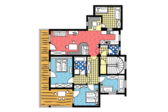 Alpenrose_Grundriss A colorful floor plan of a house with several rooms. The rooms are clearly defined and include various areas such as kitchen, living room, and bedroom. - Landhaus Rosenhof - Zwieselstein