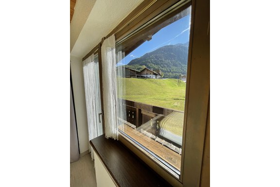 A view from the window of a green meadow and mountains in the background. The sky is clear and blue, and there are some buildings in the distance. - Landhaus Rosenhof - Zwieselstein