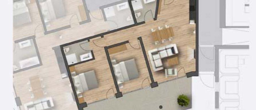Grundriss An apartment floor plan with several rooms and an open living area. The floors are designed in light wood and the rooms are clearly structured. - Zwieselstein-Apart De Luxe - Zwieselstein