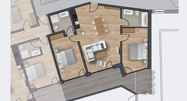 Grundriss Top 4 An apartment floor plan drawing with several rooms. The rooms are illustrated with furniture and the floors are depicted in a wood look. - Zwieselstein-Apart De Luxe - Zwieselstein