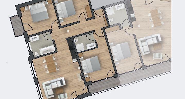 Grundriss Top 5 A floor plan of an apartment with several rooms. The rooms are designed in a modern style and feature an open living area. - Zwieselstein-Apart De Luxe - Zwieselstein